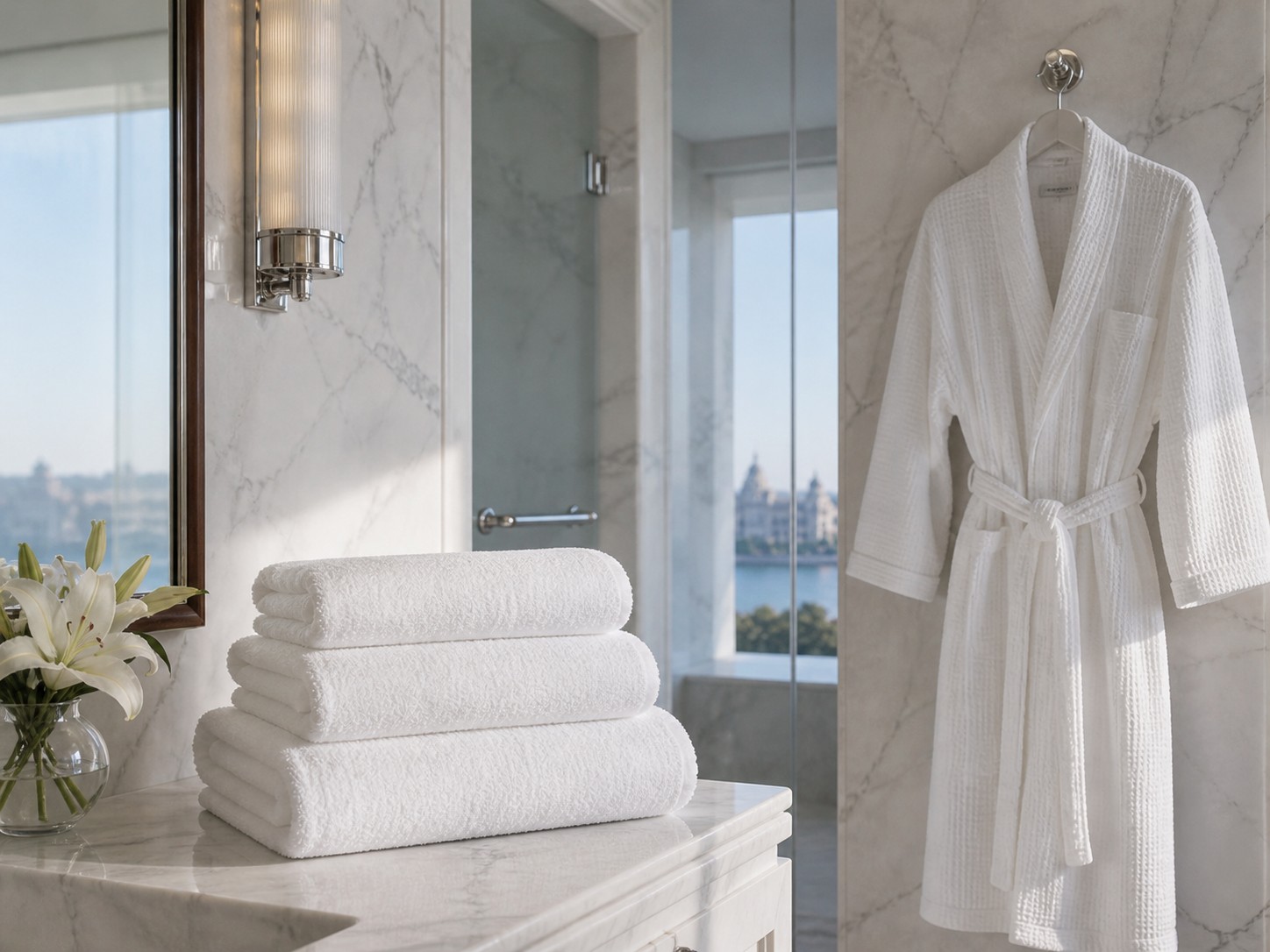 A marble hotel bathroom with stacked white towels and a white waffle robe