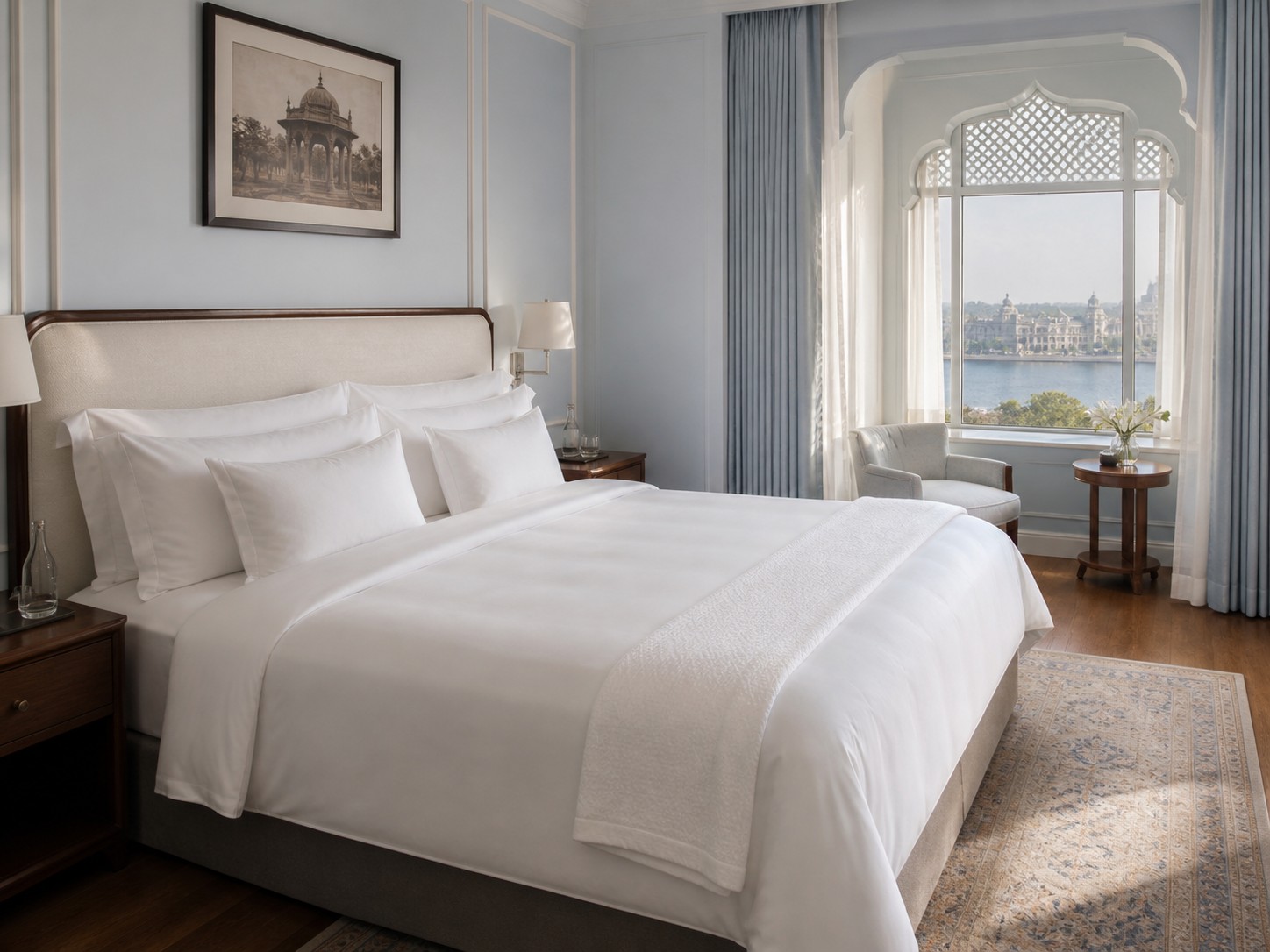 A five-star hotel suite with crisp white bed linen and an arched window