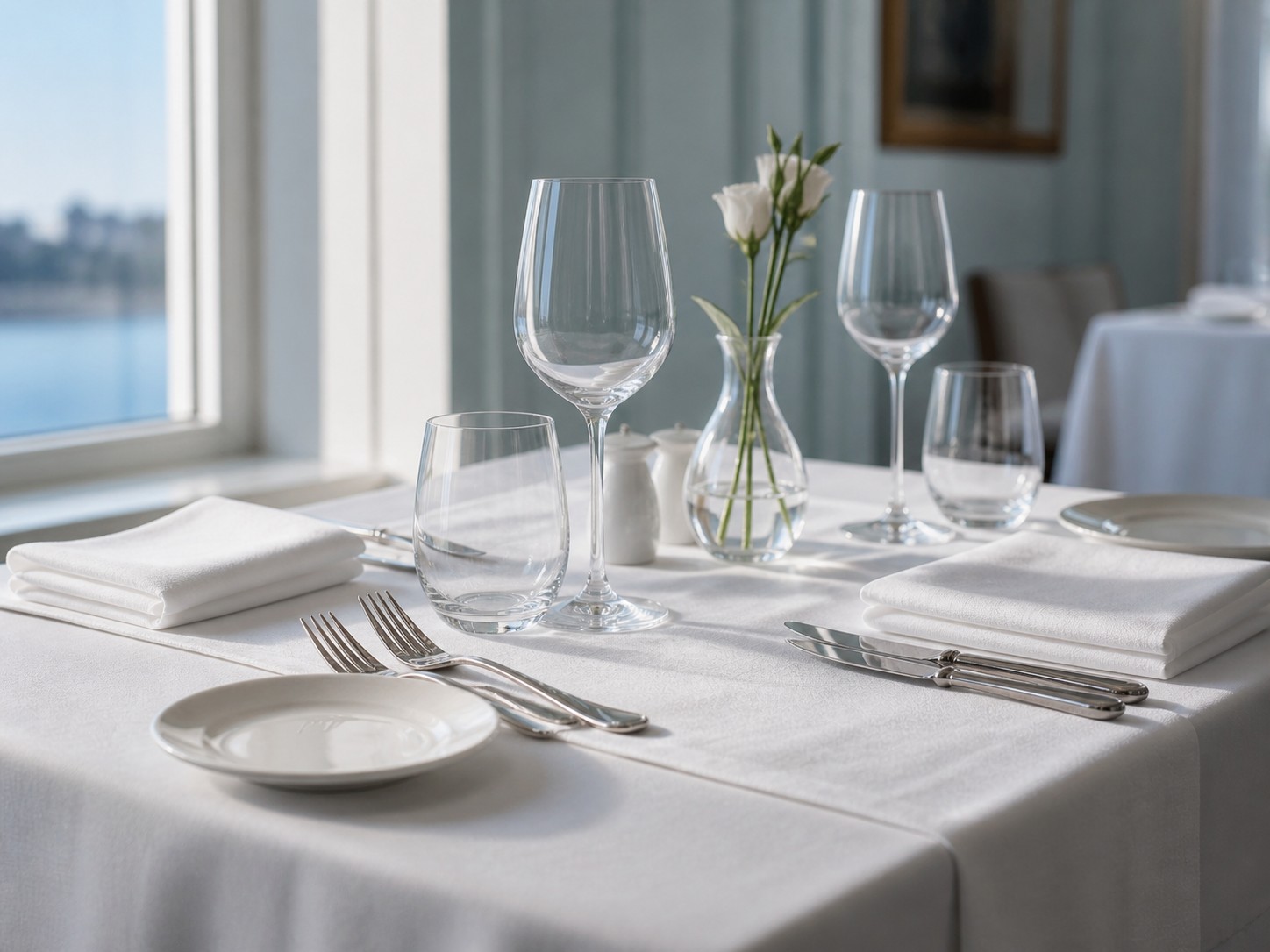 A single fine-dining table dressed in white linen with crystal and silver