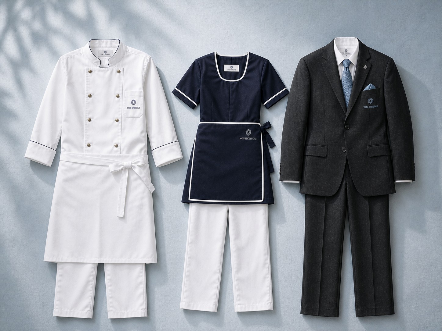 A chef jacket, housekeeping apron and front-of-house suit, embroidered to brand